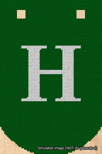 A simulated image of the stitched needlepoint design: Banner 18m Curved H White on Green. Not A.I. generated.