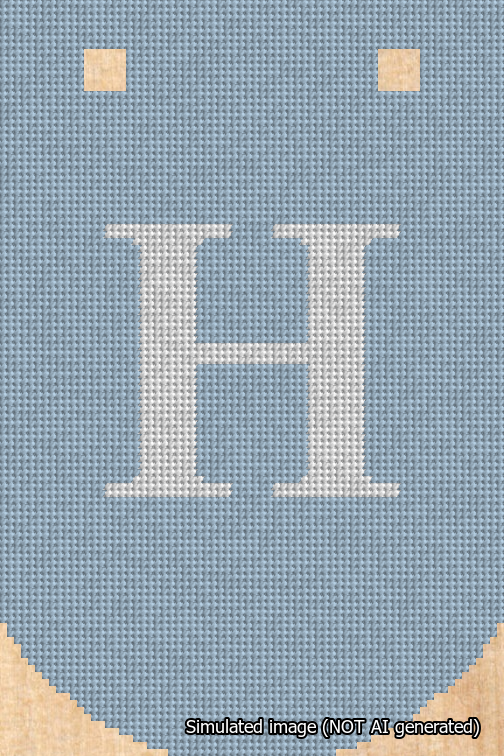 A simulated image of the stitched needlepoint design: Banner 18m Curved H White on Light Blue. Not A.I. generated.