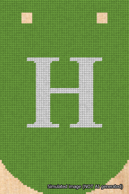 A simulated image of the stitched needlepoint design: Banner 18m Curved H White on Light Green. Not A.I. generated.