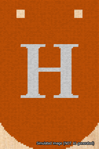A simulated image of the stitched needlepoint design: Banner 18m Curved H White on Orange. Not A.I. generated.