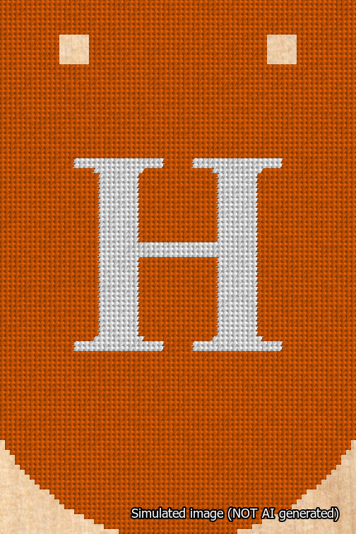 A simulated image of the stitched needlepoint design: Banner 18m Curved H White on Orange. Not A.I. generated.