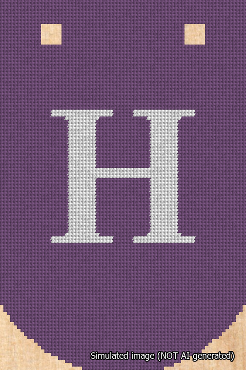 A simulated image of the stitched needlepoint design: Banner 18m Curved H White on Purple. Not A.I. generated.