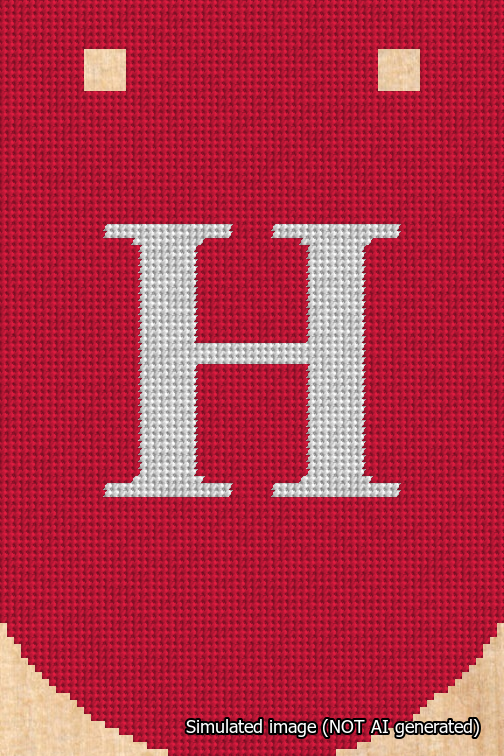 A simulated image of the stitched needlepoint design: Banner 18m Curved H White on Red. Not A.I. generated.