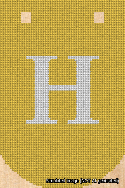 A simulated image of the stitched needlepoint design: Banner 18m Curved H White on Yellow. Not A.I. generated.