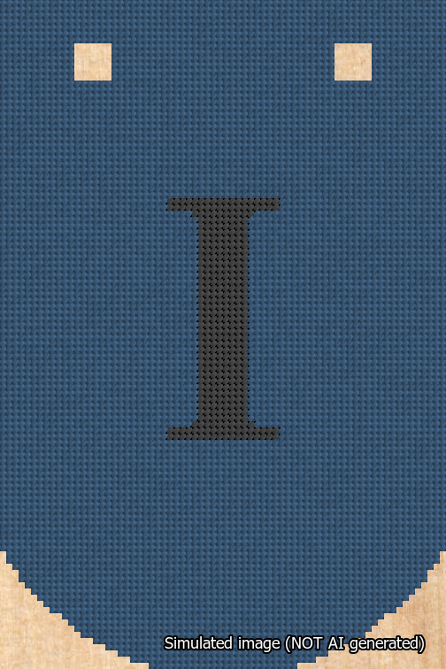 A simulated image of the stitched needlepoint design: Banner 18m Curved I Black on Blue. Not A.I. generated.