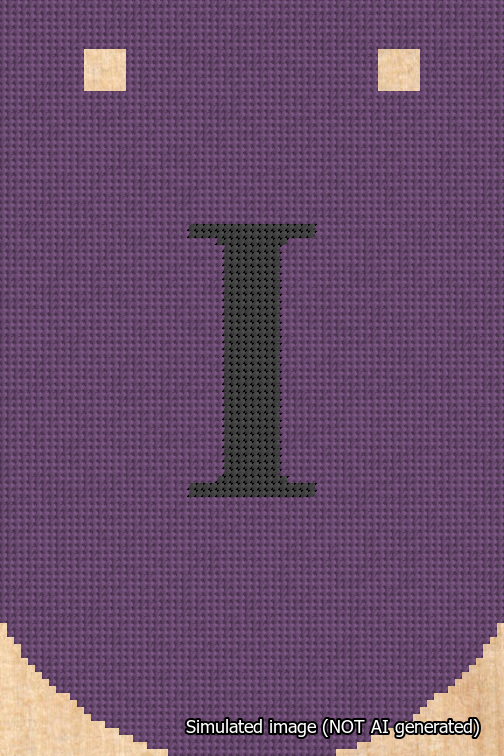 A simulated image of the stitched needlepoint design: Banner 18m Curved I Black on Purple. Not A.I. generated.
