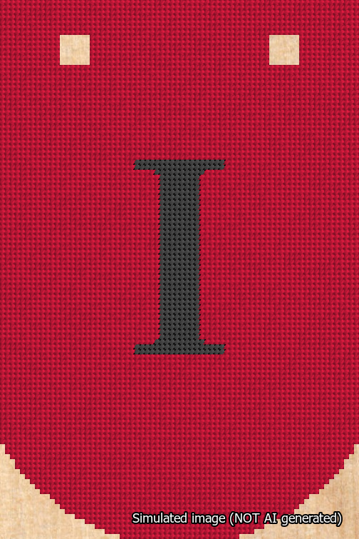 A simulated image of the stitched needlepoint design: Banner 18m Curved I Black on Red. Not A.I. generated.