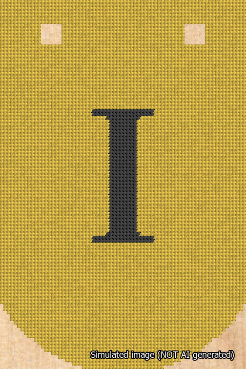 A simulated image of the stitched needlepoint design: Banner 18m Curved I Black on Yellow. Not A.I. generated.