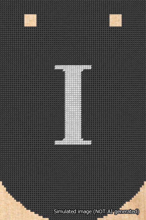A simulated image of the stitched needlepoint design: Banner 18m Curved I White on Black. Not A.I. generated.