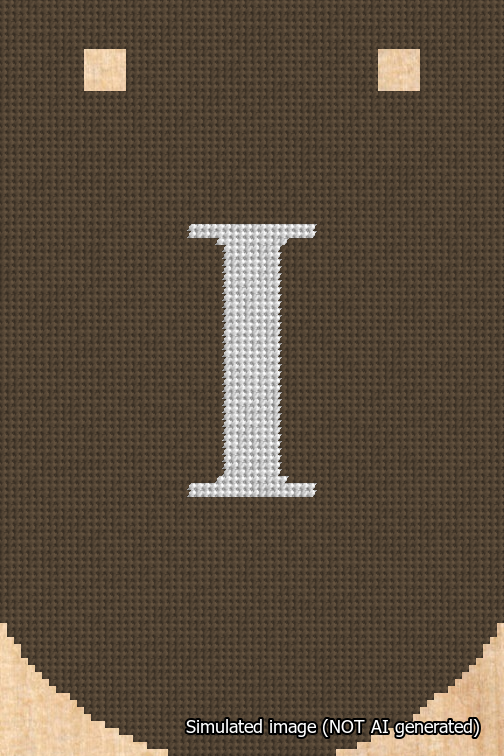 A simulated image of the stitched needlepoint design: Banner 18m Curved I White on Brown. Not A.I. generated.