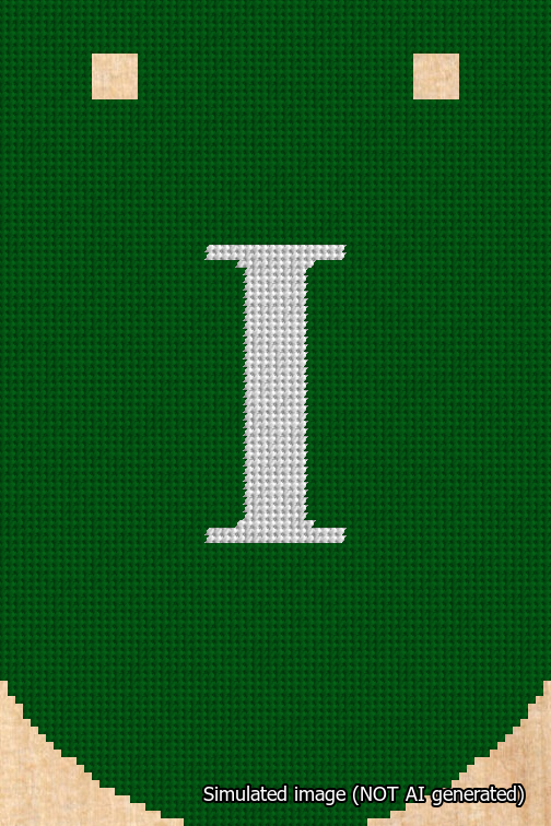 A simulated image of the stitched needlepoint design: Banner 18m Curved I White on Green. Not A.I. generated.