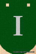 A simulated image of the stitched needlepoint design: Banner 18m Curved I White on Green. Not A.I. generated.