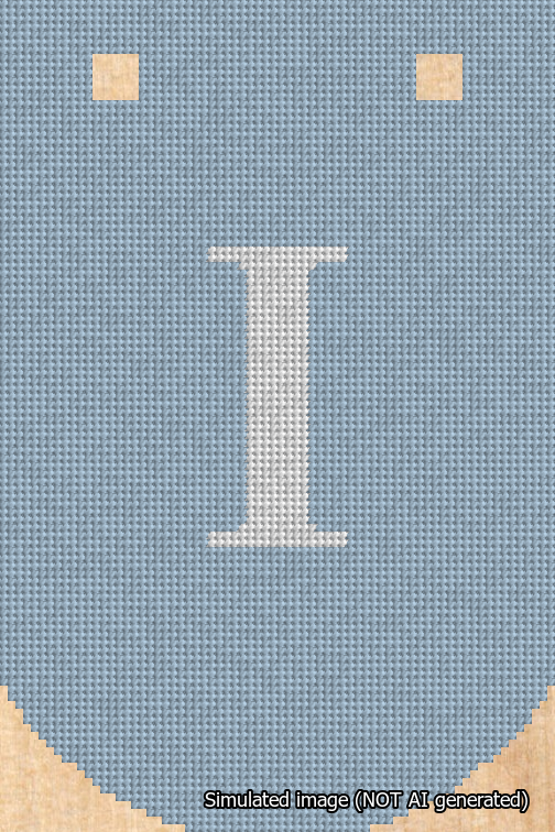 A simulated image of the stitched needlepoint design: Banner 18m Curved I White on Light Blue. Not A.I. generated.