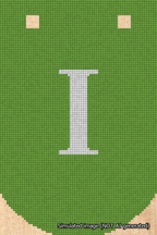A simulated image of the stitched needlepoint design: Banner 18m Curved I White on Light Green. Not A.I. generated.