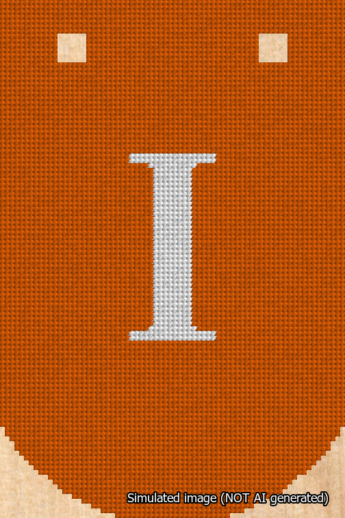 A simulated image of the stitched needlepoint design: Banner 18m Curved I White on Orange. Not A.I. generated.