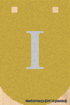 A simulated image of the stitched needlepoint design: Banner 18m Curved I White on Yellow. Not A.I. generated.