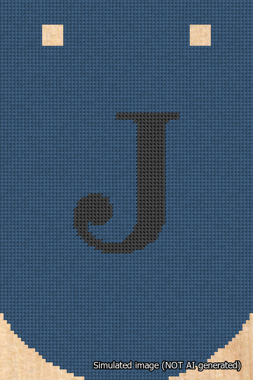 A simulated image of the stitched needlepoint design: Banner 18m Curved J Black on Blue. Not A.I. generated.