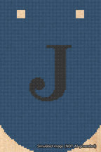 A simulated image of the stitched needlepoint design: Banner 18m Curved J Black on Blue. Not A.I. generated.