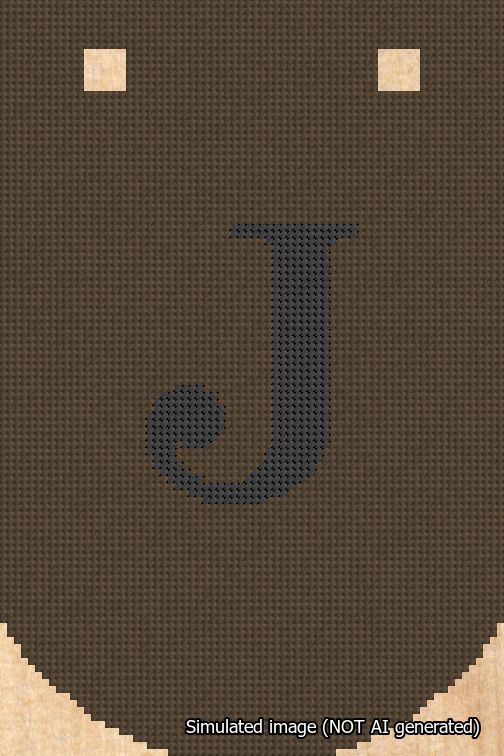 A simulated image of the stitched needlepoint design: Banner 18m Curved J Black on Brown. Not A.I. generated.