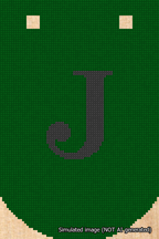 A simulated image of the stitched needlepoint design: Banner 18m Curved J Black on Green. Not A.I. generated.