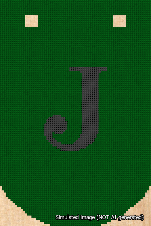 A simulated image of the stitched needlepoint design: Banner 18m Curved J Black on Green. Not A.I. generated.