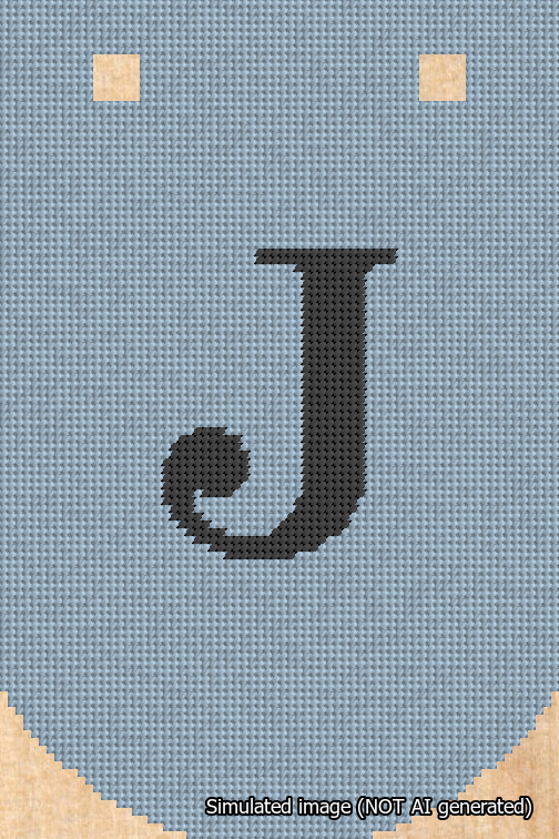 A simulated image of the stitched needlepoint design: Banner 18m Curved J Black on Light Blue. Not A.I. generated.