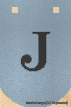 A simulated image of the stitched needlepoint design: Banner 18m Curved J Black on Light Blue. Not A.I. generated.