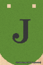 A simulated image of the stitched needlepoint design: Banner 18m Curved J Black on Light Green. Not A.I. generated.
