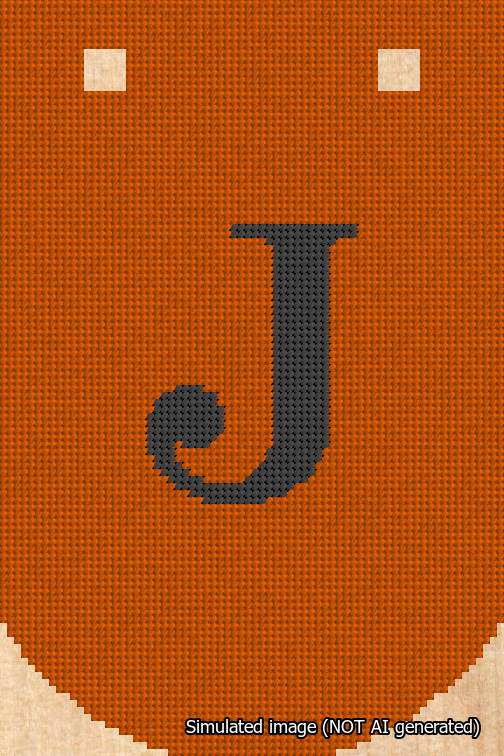 A simulated image of the stitched needlepoint design: Banner 18m Curved J Black on Orange. Not A.I. generated.