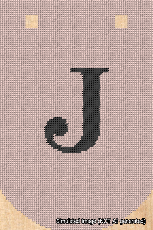 A simulated image of the stitched needlepoint design: Banner 18m Curved J Black on Pink. Not A.I. generated.