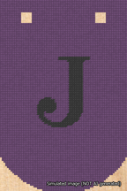 A simulated image of the stitched needlepoint design: Banner 18m Curved J Black on Purple. Not A.I. generated.
