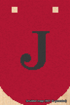A simulated image of the stitched needlepoint design: Banner 18m Curved J Black on Red. Not A.I. generated.