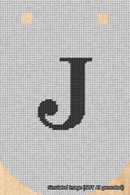 A simulated image of the stitched needlepoint design: Banner 18m Curved J Black on White. Not A.I. generated.