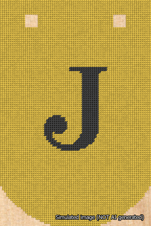 A simulated image of the stitched needlepoint design: Banner 18m Curved J Black on Yellow. Not A.I. generated.