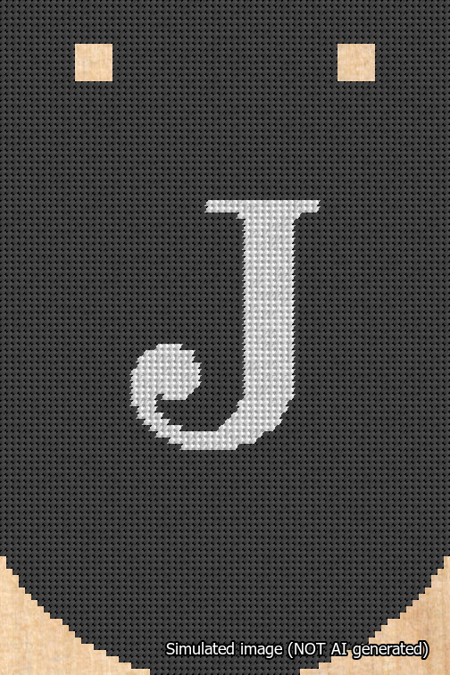 A simulated image of the stitched needlepoint design: Banner 18m Curved J White on Black. Not A.I. generated.
