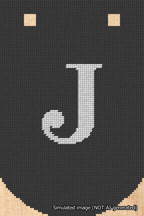 A simulated image of the stitched needlepoint design: Banner 18m Curved J White on Black. Not A.I. generated.