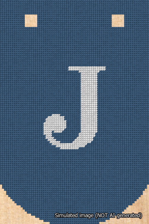 A simulated image of the stitched needlepoint design: Banner 18m Curved J White on Blue. Not A.I. generated.