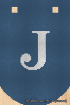 A simulated image of the stitched needlepoint design: Banner 18m Curved J White on Blue. Not A.I. generated.