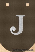 A simulated image of the stitched needlepoint design: Banner 18m Curved J White on Brown. Not A.I. generated.