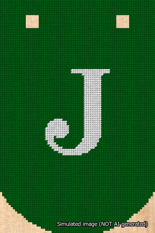 A simulated image of the stitched needlepoint design: Banner 18m Curved J White on Green. Not A.I. generated.