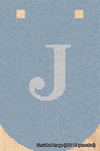A simulated image of the stitched needlepoint design: Banner 18m Curved J White on Light Blue. Not A.I. generated.