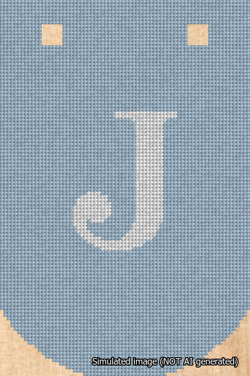 A simulated image of the stitched needlepoint design: Banner 18m Curved J White on Light Blue. Not A.I. generated.