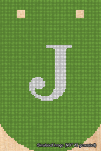 A simulated image of the stitched needlepoint design: Banner 18m Curved J White on Light Green. Not A.I. generated.