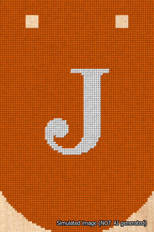 A simulated image of the stitched needlepoint design: Banner 18m Curved J White on Orange. Not A.I. generated.