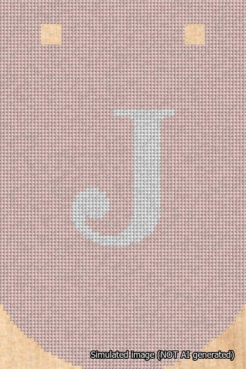 A simulated image of the stitched needlepoint design: Banner 18m Curved J White on Pink. Not A.I. generated.