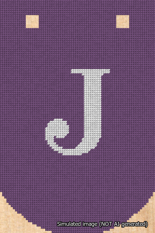 A simulated image of the stitched needlepoint design: Banner 18m Curved J White on Purple. Not A.I. generated.