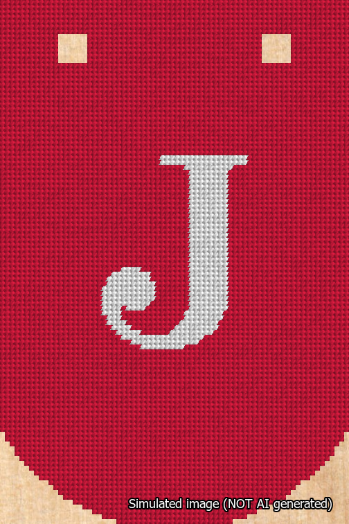 A simulated image of the stitched needlepoint design: Banner 18m Curved J White on Red. Not A.I. generated.