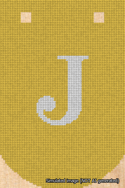 A simulated image of the stitched needlepoint design: Banner 18m Curved J White on Yellow. Not A.I. generated.