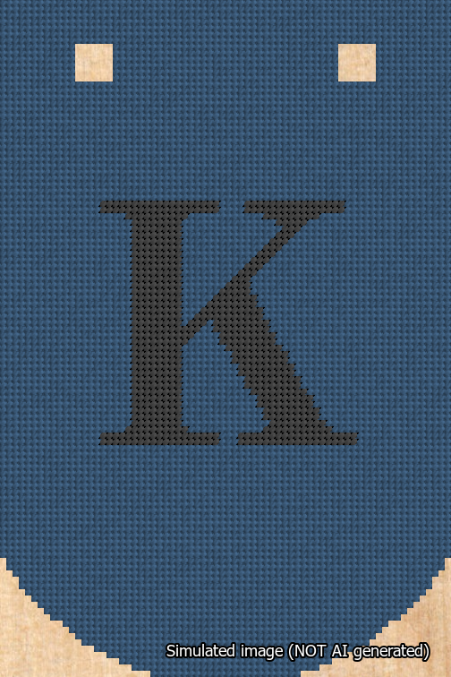 A simulated image of the stitched needlepoint design: Banner 18m Curved K Black on Blue. Not A.I. generated.