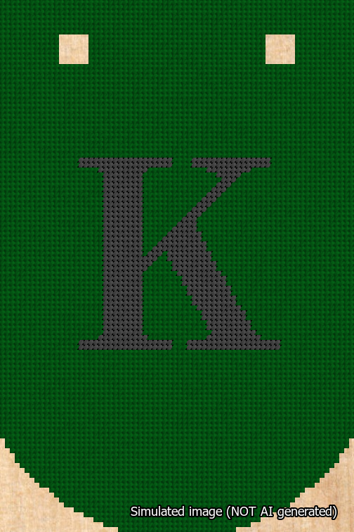 A simulated image of the stitched needlepoint design: Banner 18m Curved K Black on Green. Not A.I. generated.